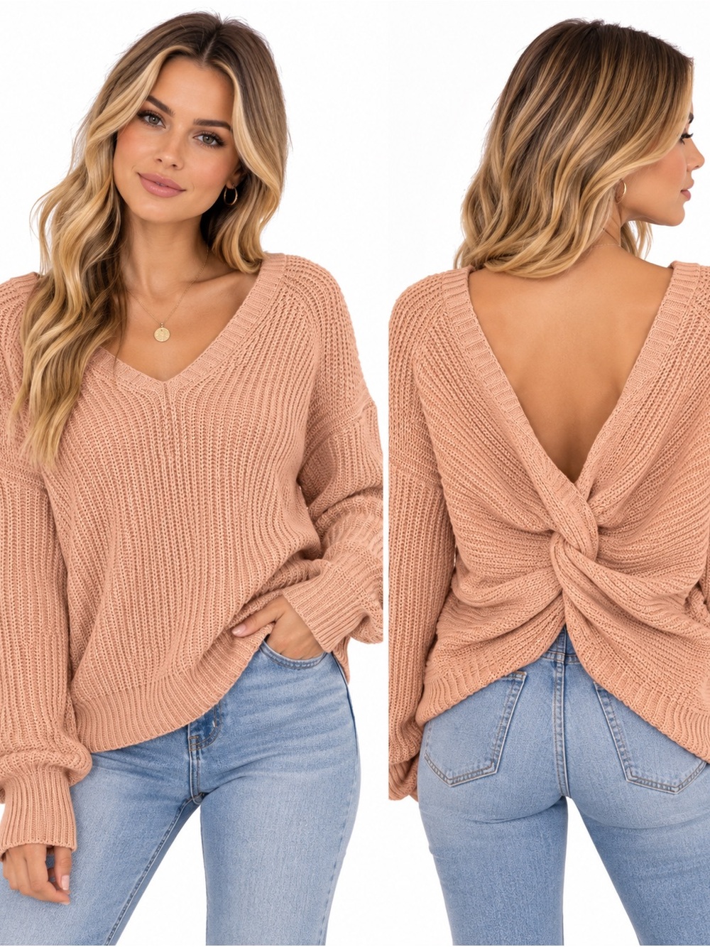 Derek Heart Twist-Front V-Neck Sweater - Blush Pink: Maternity